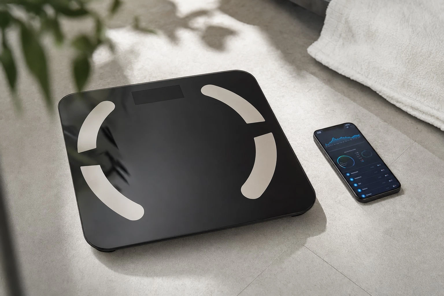 ScanoPro scale on a bathroom floor beside a smartphone showing the 12-metric dashboard