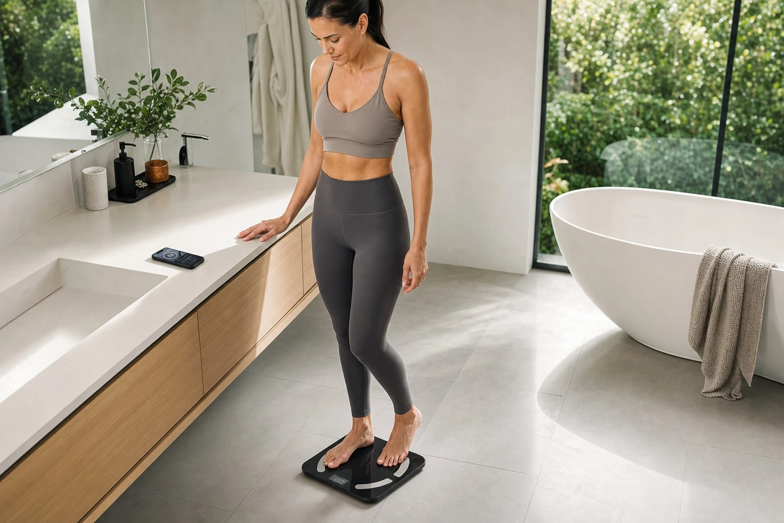 Bare feet stepping onto the ScanoPro tempered-glass scale with the display lit