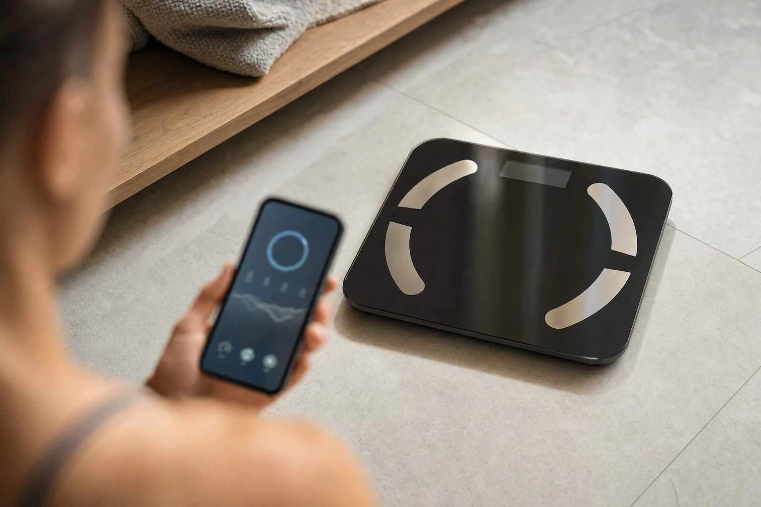 Hands holding a smartphone showing free ScanoPro trend graphs, the scale on the floor behind