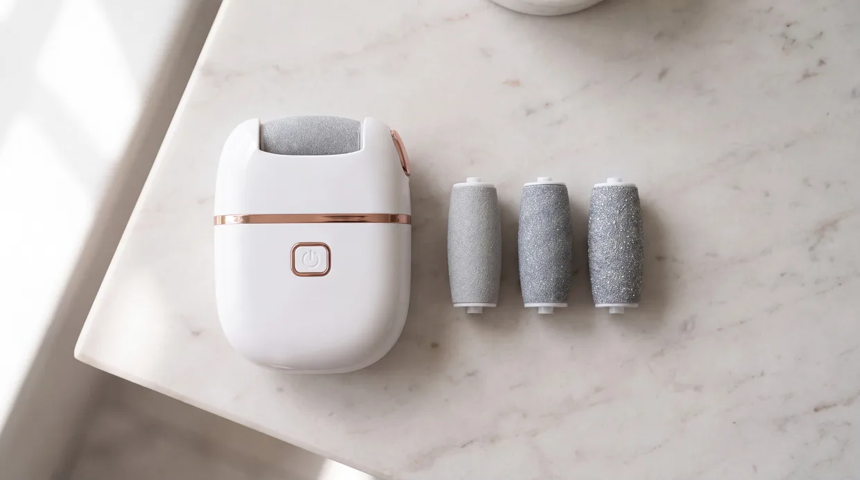 SmoothSole device with its three interchangeable quartz heads laid out on a marble surface