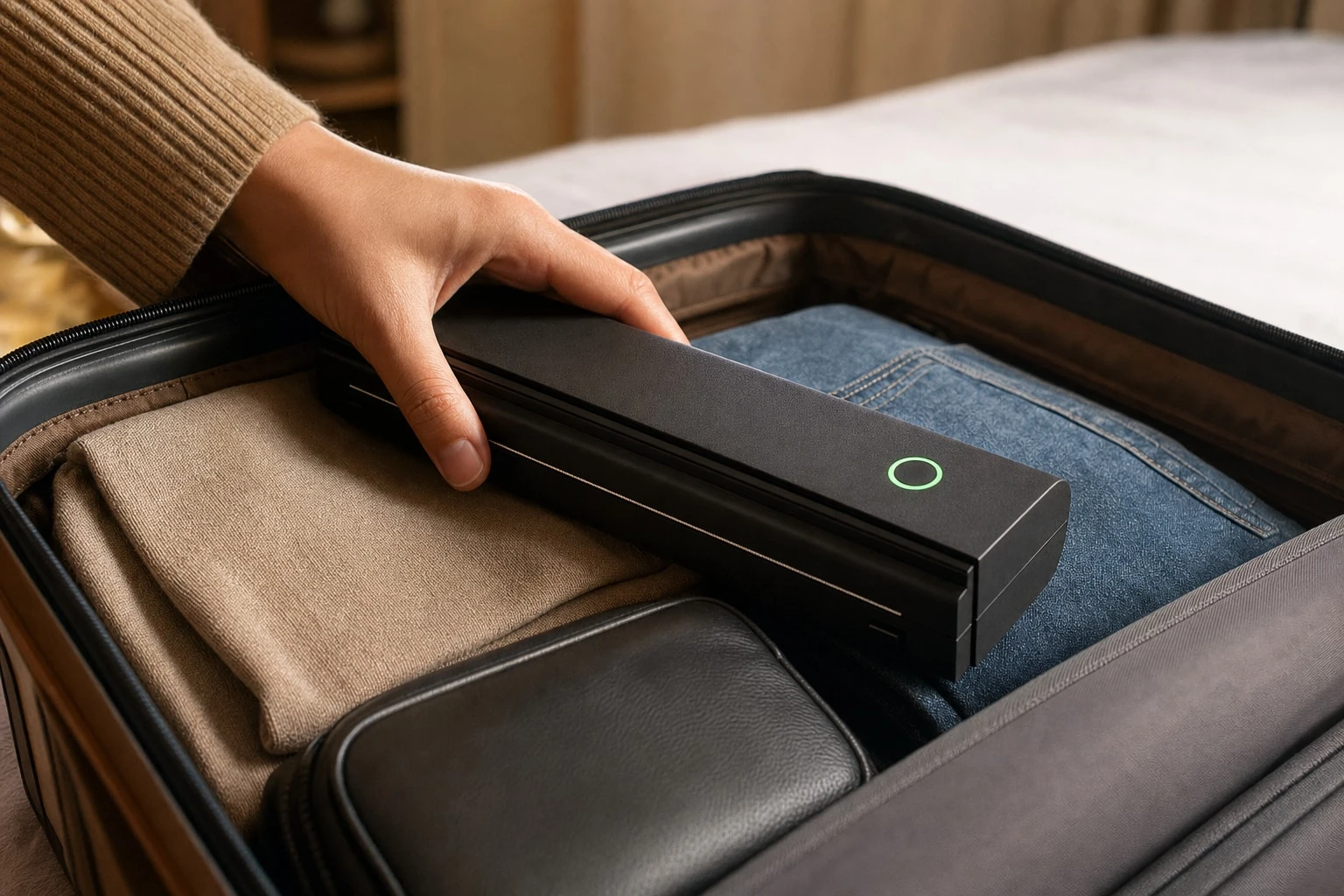 The slim ThermaGo packed in a backpack next to a laptop, no cables needed