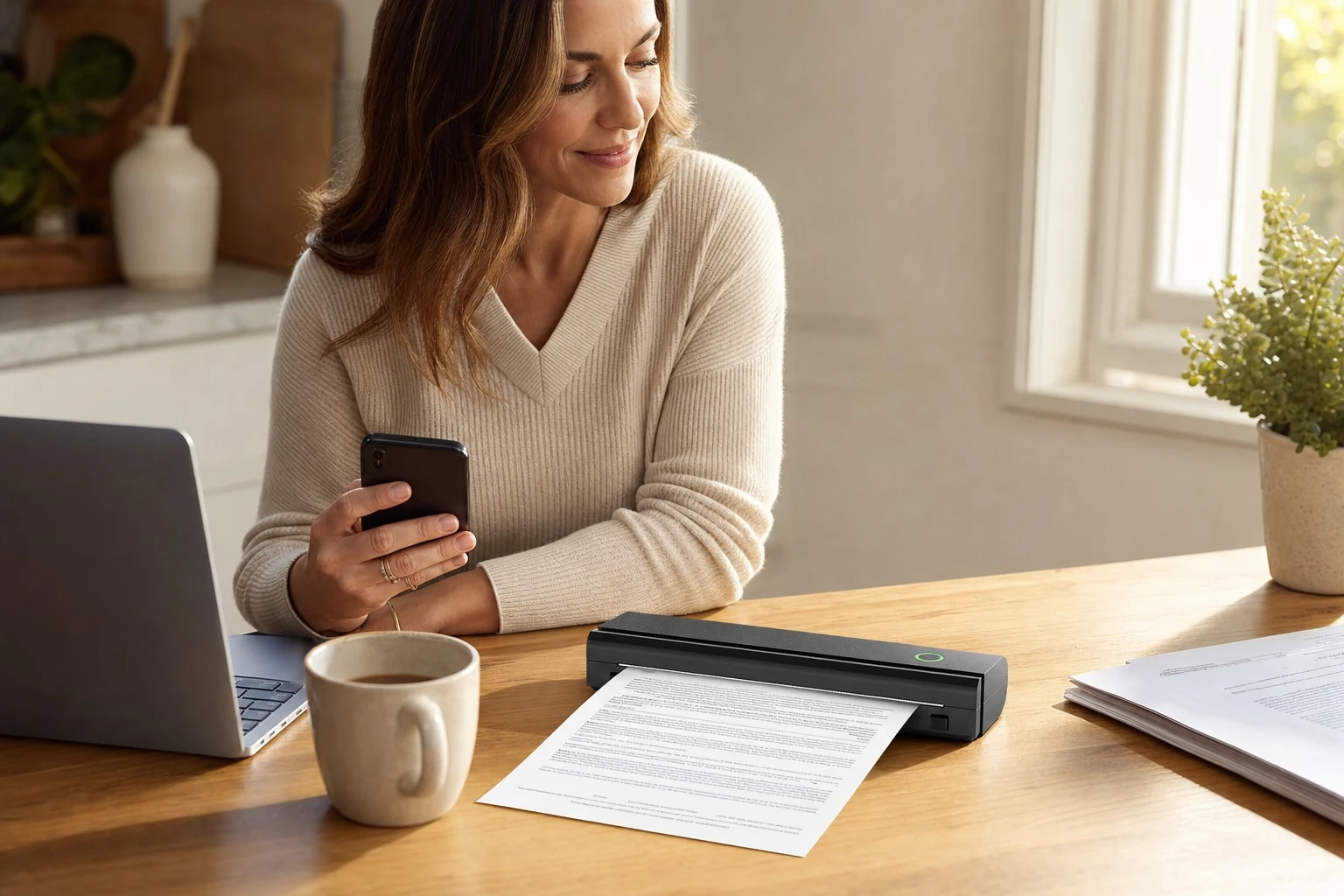The ThermaGo portable A4 thermal printer - a slim black unit with a single power button