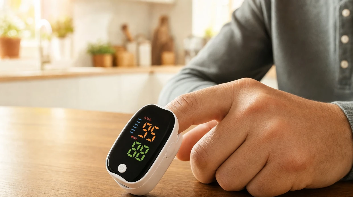 Close-up of the VitalOxy on an index finger, the HD LED reading clearly visible