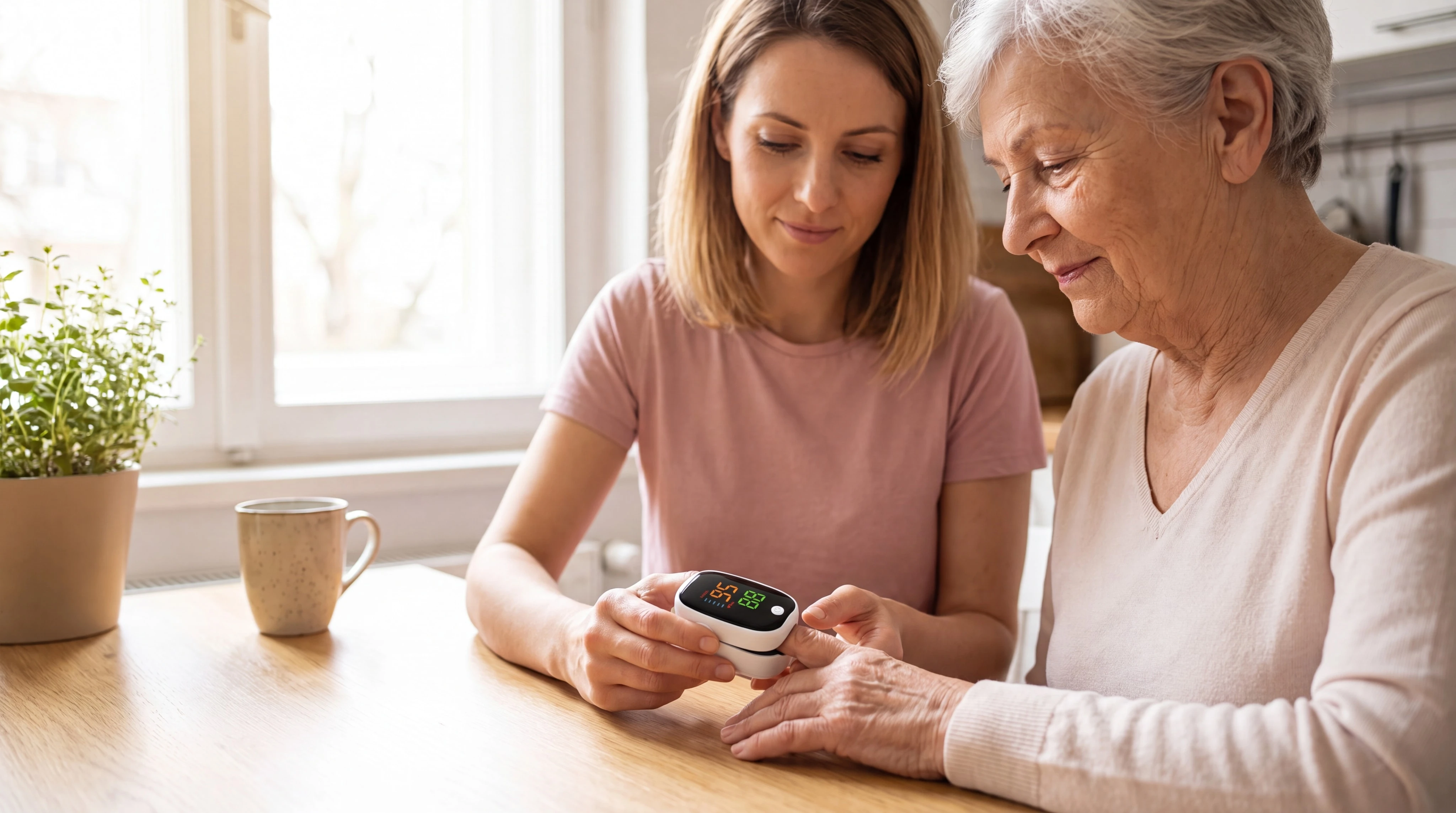 A daughter reads her mother's VitalOxy result across the kitchen table thanks to the flipped display