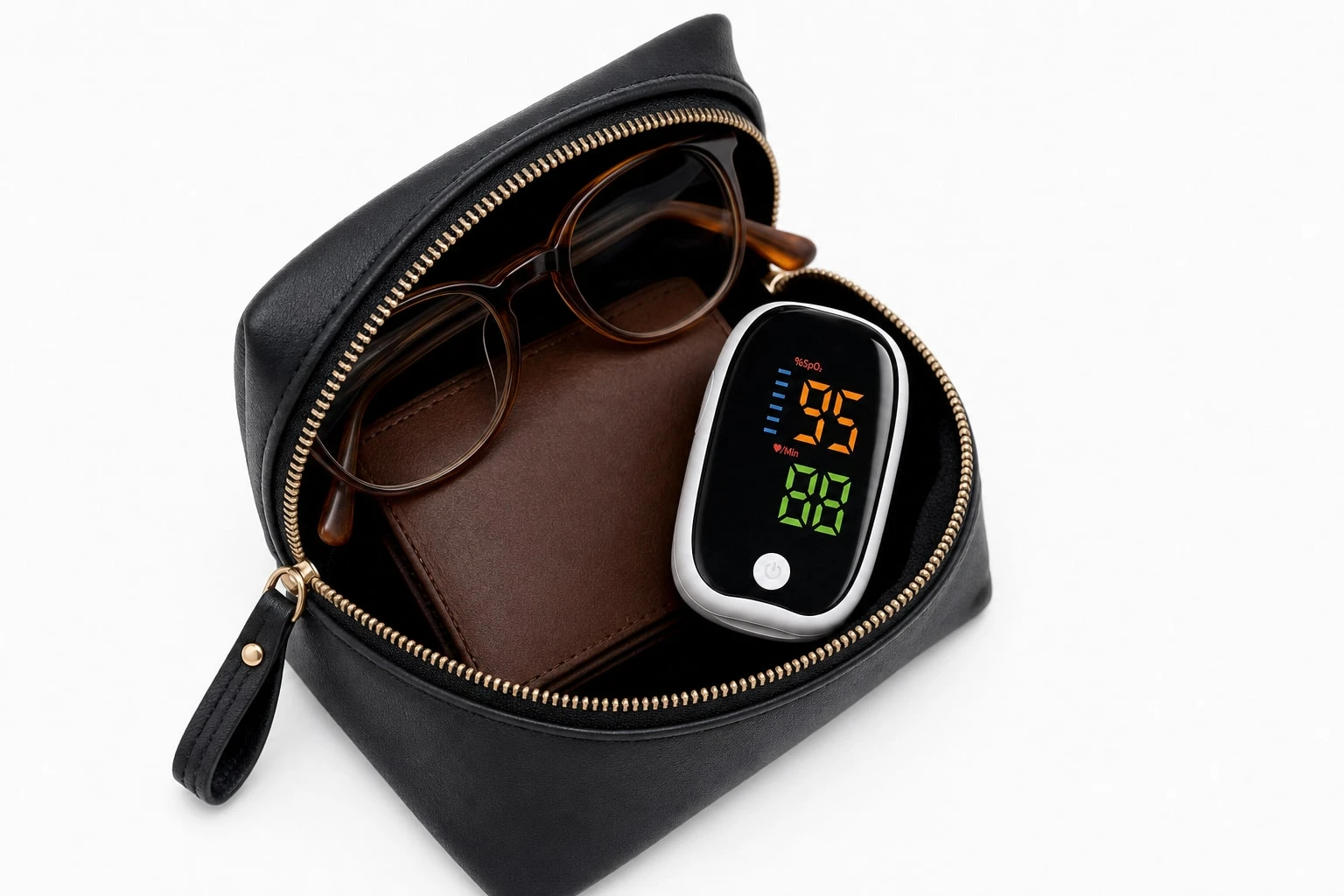 VitalOxy packed beside a passport and reading glasses in an open travel bag