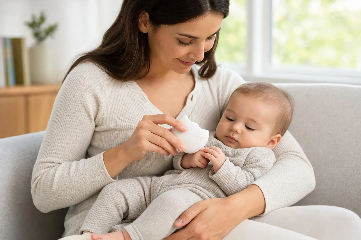 A mother trims her calm baby's fingernails one-handed with the ZippyClip