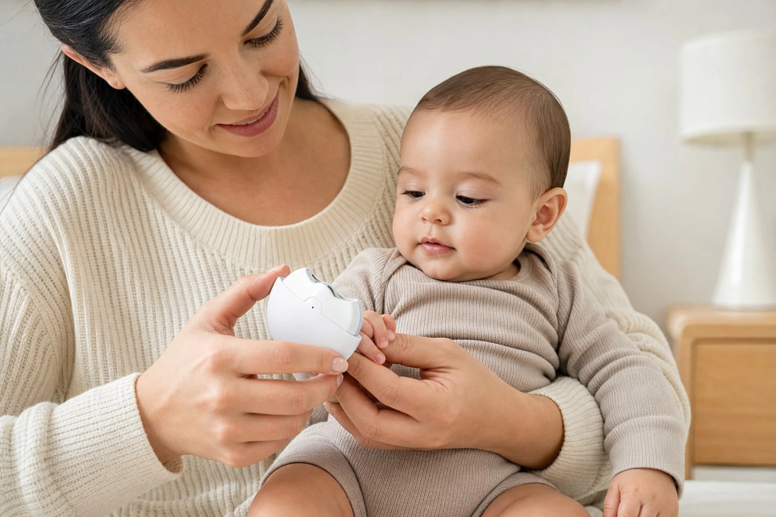 A parent quietly trims a sleeping baby's nails in a softly lit nursery